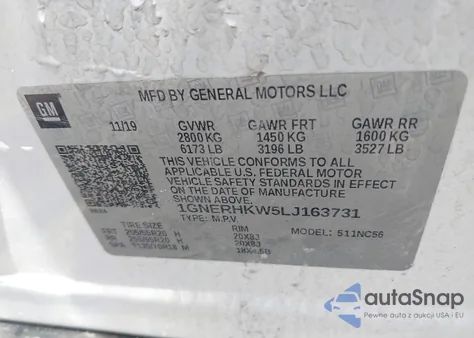 2020 Chevrolet Traverse Fwd Lt Leather z USA, uszkodzony, nr VIN 1GNERHKW5LJ163731